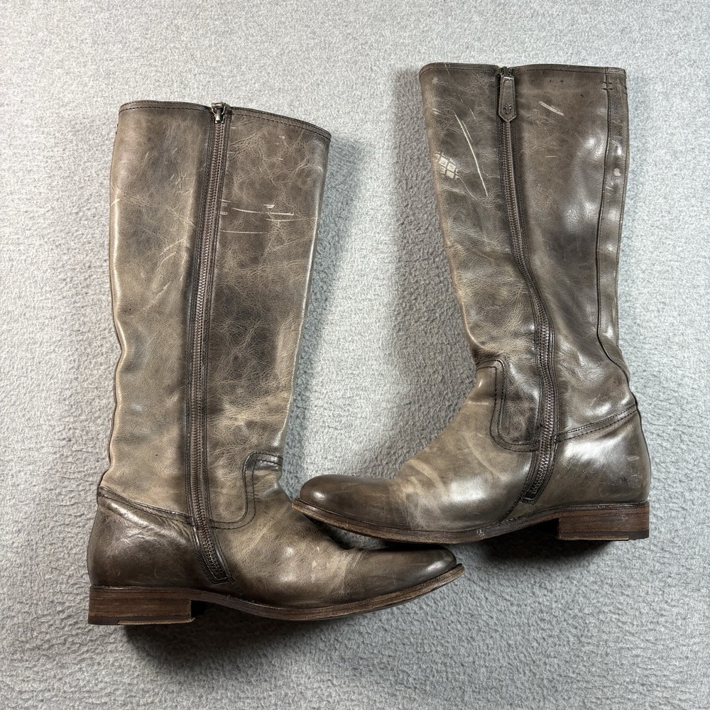 Frye Melissa Tall Leather Riding Boots Grey Slate Distressed Womens Size 10 B